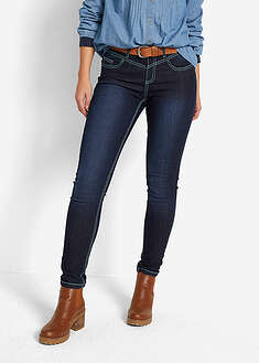 Normaalivyötäröiset skinny-farkut kontrastivärisillä saumoilla - kulutettu tummansininen denim - bonprix