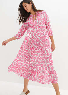 Taskullinen 3/4-hihainen puuvillamidimekko kreppikankaasta - valkoinen-roosa-pinkki-paisley - bonprix