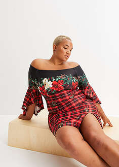 Olkapäät paljastava jouluaineinen mekko napakasta neopreenikankaasta