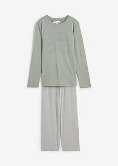 Lasten pyjama pehmeää luomupuuvillaa (2-os. setti) - harmaanvihreä-meleerattu vaaleanharmaa - bonprix