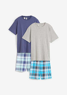 Shortsipyjama pehmeää luomupuuvillaa (4-os. setti) - meleerattu vaaleanharmaa-indigo-turkoosi+mintunvihreä-ruudullinen - bonprix