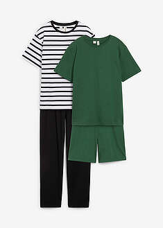 Pyjama ja shortsipyjama pehmeästä luomupuuvillasta (4-os. setti) - tummanvihreä-musta-valkoinen-raidallinen - bonprix