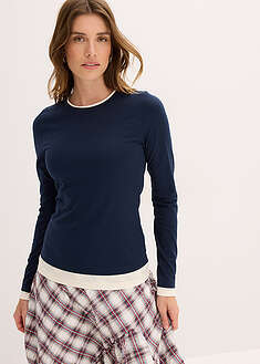 Pitkähihainen paita puuvillasekoitteesta - musteensininen-helmenvalkoinen - bonprix