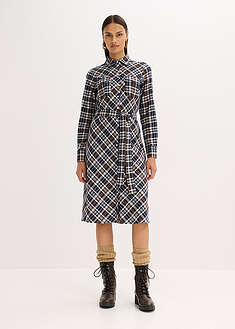 Paitapuseromekko pehmeästä flanellista - helmenvalkoinen-tummanruskea-vaalea khaki-musteensininen-ruudullinen - bonprix