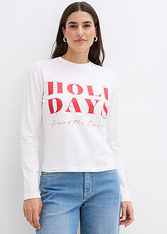 Pitkähihainen paita luomupuuvillasekoitteesta - villanvalkoinen-punainen - bonprix