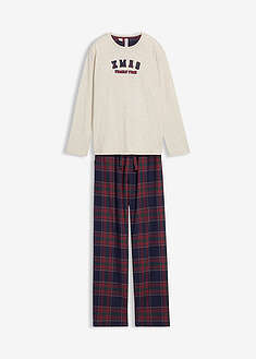Pyjama flanellihousuilla, pehmeää puuvillaa (2-os. setti) - meleerattu luonnonvalkoinen-tummansininen-ruudullinen - bonprix