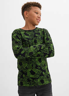 Pitkähihainen paita pehmeää luomupuuvillasekoitusta (3 kpl/pakkaus) - petrooli+musta+valkoinen painokuvioitu - bonprix