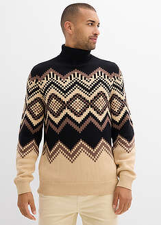 Pooloneule pehmeästä puuvillasekoituksesta ikat-kuviolla - ruskea, kuvioitu - bonprix