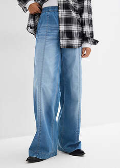 Leveälahkeiset korkeavyötäröiset farkut, erittäin pitkät lahkeet