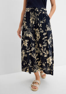 Maksipituinen kuminauhavyötäröinen viskoosihame solmimisnauhoilla